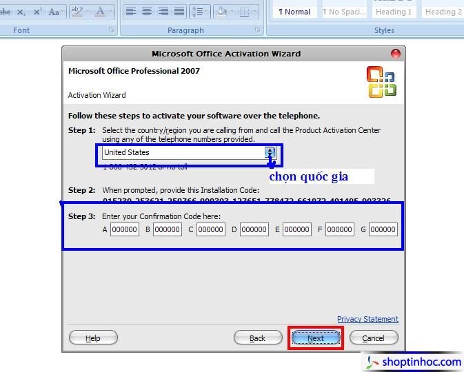 Office 2007 confirmation code